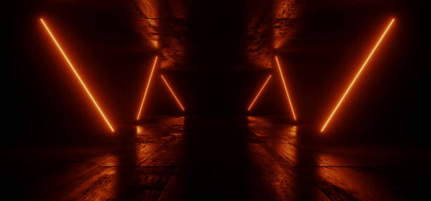 istock Neon Lines Sci Fi Futuristic Cyber Glowing Warehouse Dark Basement Orange Laser Lights Empty Showroom Cement Grunge Metal Ceiling Corridor 3D Rendering 1986698564