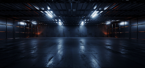 Sci Fi Cyber Modern Futuristic Grunge Warehouse Hangar Basement Concrete Cement Tunnel Corridor Metal Elements Bright Lights Empty Space Background 3D Rendering  Illustration