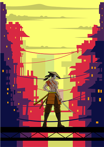 A vector illustration of an anime style rear view samurai with futuristic slum area cyberpunk city in the background. Easy to grab and edit. Wide space available for your text or copy.
