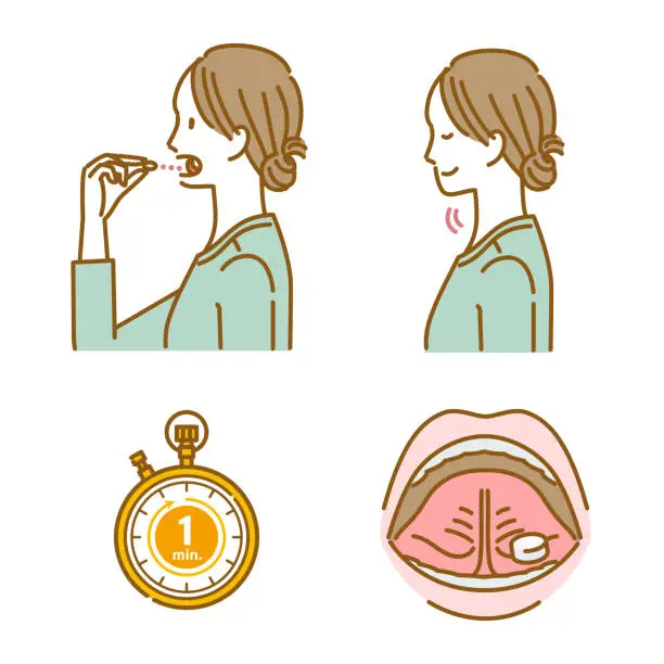 Vector illustration of Sublingual immunotherapy image set for hay fever (a woman administers cedar pollen extract tablets)