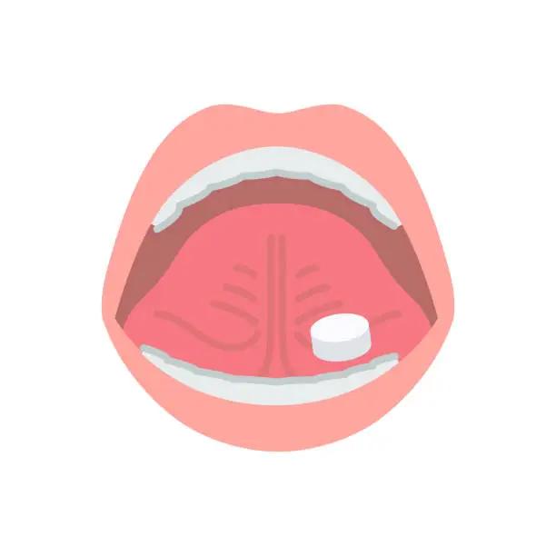 Vector illustration of Image of sublingual immunotherapy for hay fever (placing cedar pollen extract tablets)