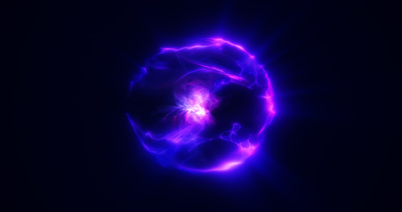 Spinning purple energy sphere digital atom hi-tech ball futuristic magic circle glowing bright force field abstract background.