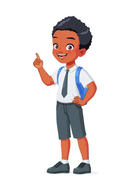 Vector illustration of Smart little African American school boy index finger pointing up with idea. Cartoon vector illustration.