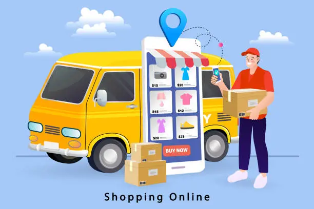 Vector illustration of Online ordering service Deliver products to customers