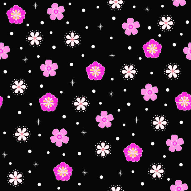 istock ditsy floral print. black pink botanical flowers seamless pattern. pink cherry blossom floral pattern with polka dots. 1986816265