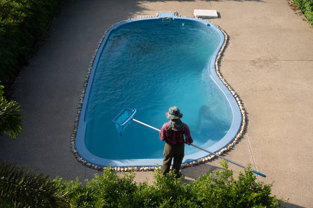 istock Housekeeping using a long skimmer for removing fallen leaves and debris floating on the surface of the pool. 1986845589