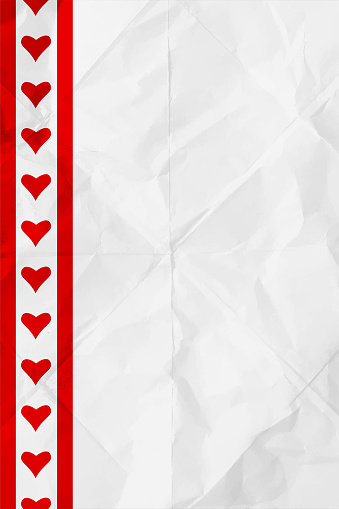 Border design in solid red color stripes at left edge containing row of small heart shapes over plain  white coloured textured wrinkled  crumpled white paper vector valentine love theme vertical backgrounds folds wrinkles and creases
