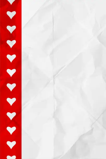 Vector illustration of Border design in solid red color stripe at left edge containing row of small heart shapes over plain  white coloured textured wrinkled  crumpled white paper vector valentine love theme vertical backgrounds folds wrinkles and creases