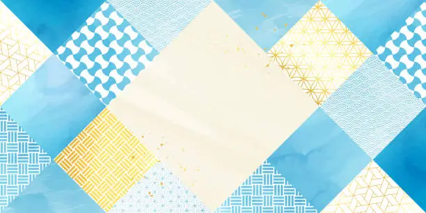 Vector illustration of Japanese paper, watercolor-style_light blue and gold square Japanese pattern background illustration