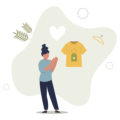 buying recycle clothes to prevent environmental pollution..caring and responsible character.flat vector illustration.