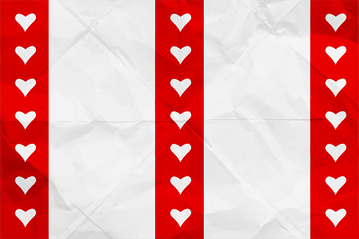 Three stripes in solid red color with small heart shaped cutwork design over the stripe over plain  white coloured textured wrinkled  crumpled white paper vector valentine love theme horizontal backgrounds with folds wrinkles and creases