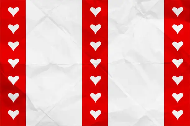 Vector illustration of Three stripes in solid red color with small heart shapes over the stripe over plain  white coloured textured wrinkled  crumpled white paper vector valentine love theme horizontal backgrounds with folds wrinkles and creases