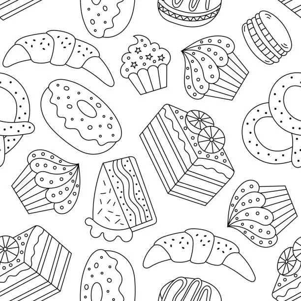 Vector illustration of Seamless pattern of pastries, donuts, cupcakes and croissants. Suitable for cafes and holiday cards.