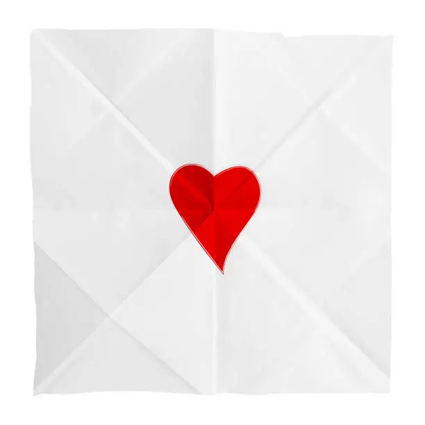 Vector illustration of One small artistic vibrant solid red colored heart shape over plain white coloured textured crumpled white paper vector valentine love theme square backgrounds with folds and creases and uneven torn edges