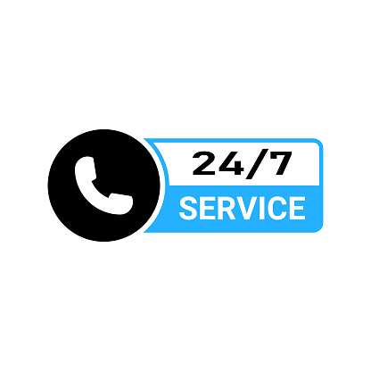 24 7 service. 24-7 open, concept with call icon. Phone Support 24 hours a day and 7 days a week. Support service. Vector Illustration.