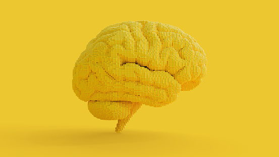 Brain yellow color. Finding a creative idea. Minimal concept. Clipping path, 3d Render.