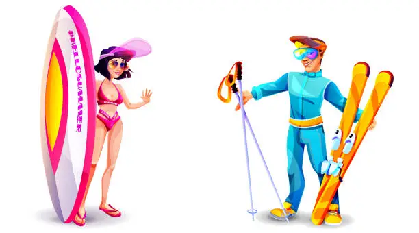 Vector illustration of Seasonal outdoor activity concept in cartoon style. Young couple: a girl in a swimsuit with a surfboard and a young man in a sports ski suit with skis. Creative stylish character couple.