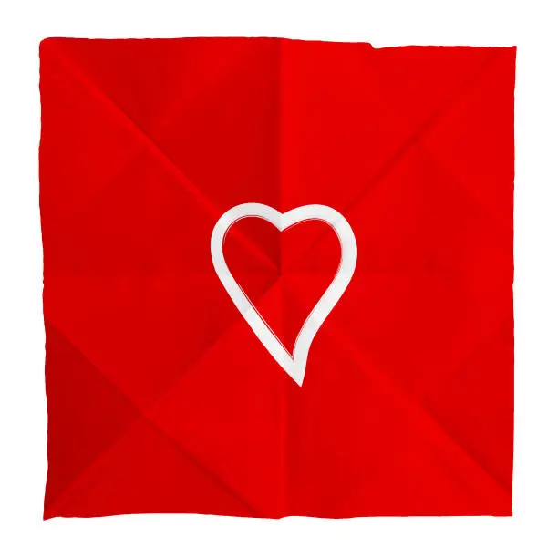 Vector illustration of One small artistic vibrant white colored thick paint stroke outline of heart shape over plain red coloured textured crumpled white paper vector valentine love theme square backgrounds with folds and creases and uneven torn edges