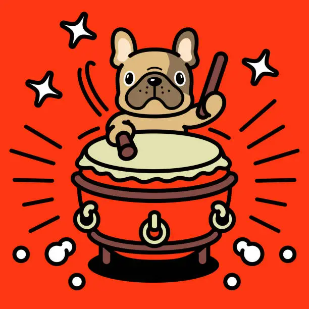 Vector illustration of A cute French bulldog is playing the traditional Chinese drum, or Chinese bass drum