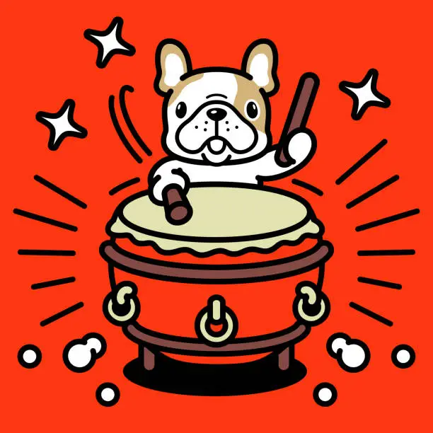 Vector illustration of A cute French bulldog is playing the traditional Chinese drum, or Chinese bass drum