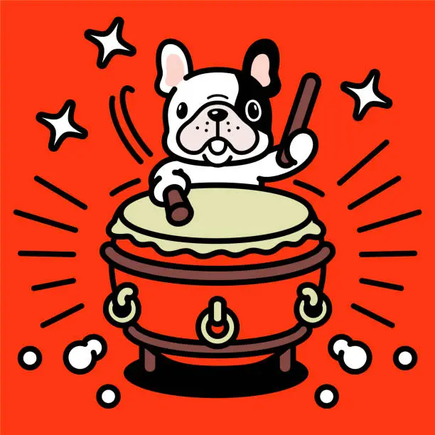 Vector illustration of A cute French bulldog is playing the traditional Chinese drum, or Chinese bass drum