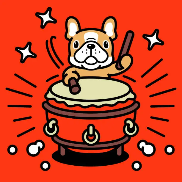 Vector illustration of A cute French bulldog is playing the traditional Chinese drum, or Chinese bass drum