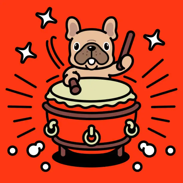 Vector illustration of A cute French bulldog is playing the traditional Chinese drum, or Chinese bass drum