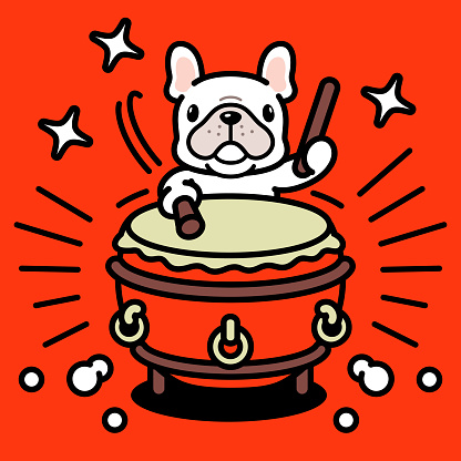 Cartoon Animal Characters Design Vector Art Illustration. 
A cute French bulldog is playing the traditional Chinese drum, or Chinese bass drum.