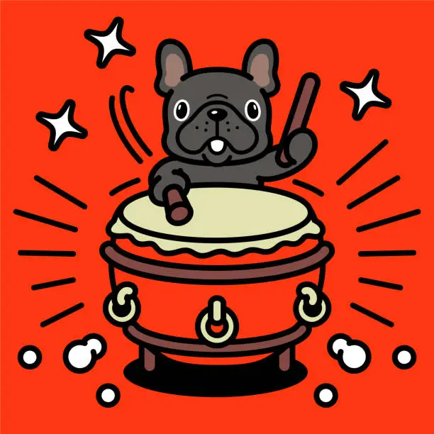 Vector illustration of A cute French bulldog is playing the traditional Chinese drum, or Chinese bass drum