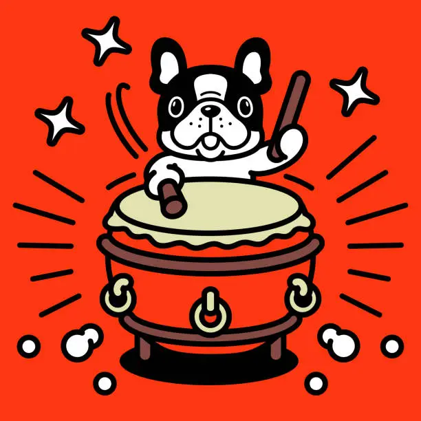 Vector illustration of A cute French bulldog is playing the traditional Chinese drum, or Chinese bass drum