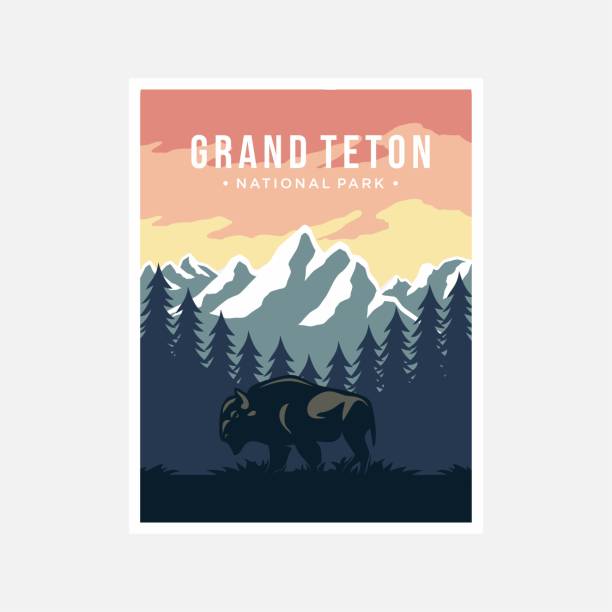 illustrazioni stock, clip art, cartoni animati e icone di tendenza di disegno dell'illustrazione vettoriale del poster del parco nazionale del grand teton - teton range illustrations