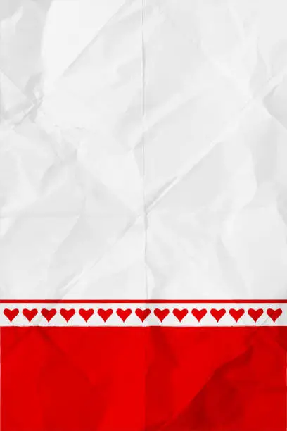 Vector illustration of A row of solid red colored small heart shapes over plain  white coloured textured crumpled white paper vector valentine love theme divided vertical backgrounds with folds and creases and a bottom edge border
