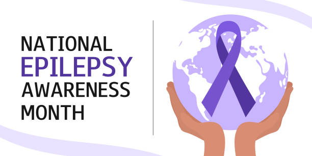 ilustrações de stock, clip art, desenhos animados e ícones de national epilepsy awareness month. world epilepsy day. purple ribbon and silhouette of planet in human hands. - violence mental illness organized crime crime