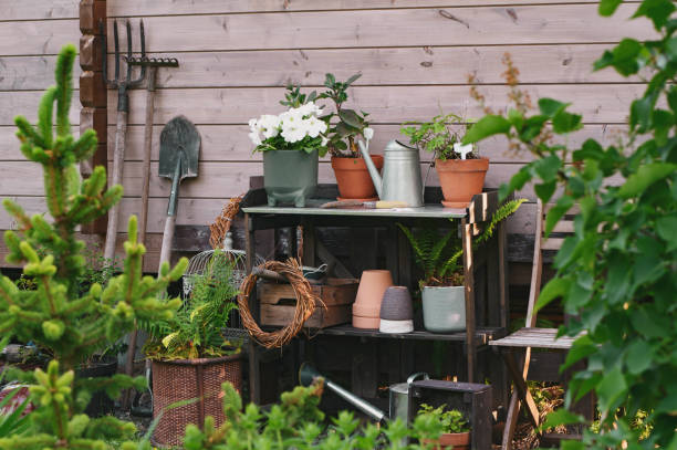 istock Gardener work bench (potting table) in summer garden. Wooden rustic style house, different tools and pots. 1986952894