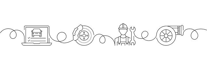 Continuous One Line Drawing Car Service Icons Concept. Single Line Vector Illustration. Auto Repair Shop, Car, Maintenance, Examining.