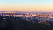 Brno city in the Czech Republic. Europe. Petrov - Cathedral of Saints Peter and Paul and Spilberk castle. Beautiful old architecture and a popular tourist destination. Photography of the city landscape in sunset.