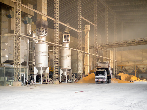 Rice milling factory interior, truck dump rice husk at paddy drying area for dryer to burn. Rice processing plant, Agricultural processing.