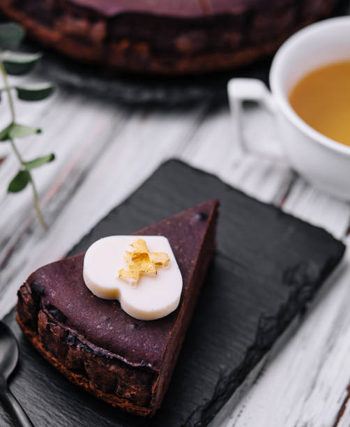istock Sacher cake slice and tea on wood 1986974426