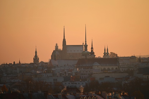 Petrov - Cathedral of Saints Peter and Paul. City of Brno - Czech Republic - Europe. City skyline at sunset