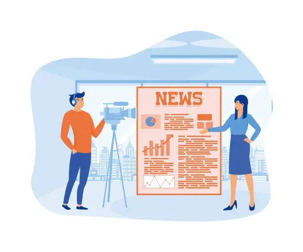 Vector illustration of Breaking News reporter with Broadcaster or Journalist on the Monitor About Information Incident, Activities, Weather and Announcements. flat vector modern illustration