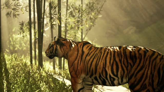 In a forest of bamboo a tiger stands still using its senses to track its quarry