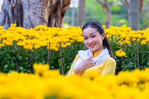 Vietnamese girl wearing traditional ao dai dress, holding flower branch to enjoy the new year in Vietnam. Tet holiday and New Year. Travel and portrait concept