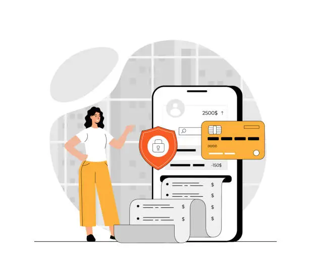 Vector illustration of Mobile banking concept. Financial transactions online. Woman making protected payment with smartphone app. Illustration with people scene in flat design for website and mobile development.