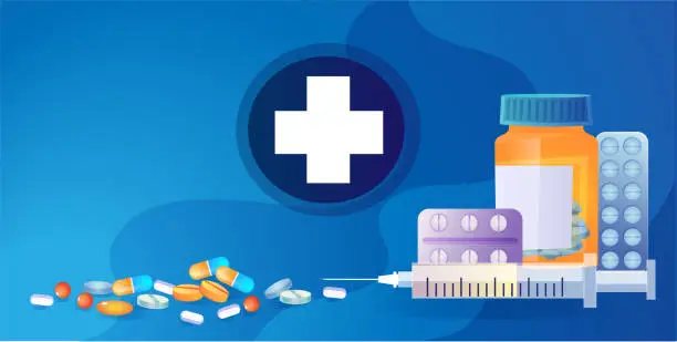Vector illustration of Pharmacy medicine concept banner with medical cross on blue background. Different medical pills and drugs for health care shopping. Online shop pharmacy. Drug store. Vector illustration in flat style