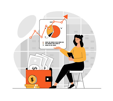 Business planning, Financial success. Woman researching data graphs and financial report with progress. Illustration with people scene in flat design for website and mobile development.