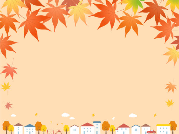 ilustrações de stock, clip art, desenhos animados e ícones de autumn cityscape and autumn leaves background frame - ônibus de dois andares