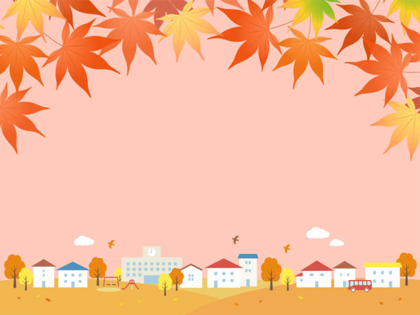 ilustrações de stock, clip art, desenhos animados e ícones de autumn cityscape and autumn leaves background frame - ônibus de dois andares