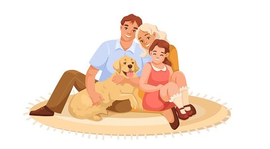 Happy family characters isolated on white background. Parents and child embrace love Father and mother sitting on carpet with daugther and lovely dog pet. Relationship concept. Vector illustration