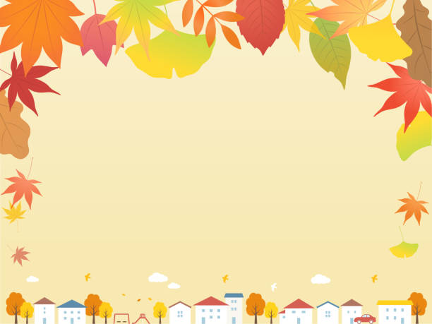 ilustrações de stock, clip art, desenhos animados e ícones de autumn cityscape and autumn leaves background frame - ônibus de dois andares