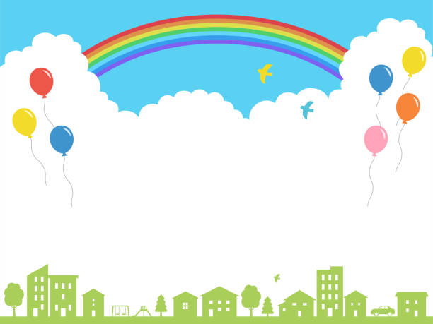 ilustrações de stock, clip art, desenhos animados e ícones de rainbow cityscape_frame background - ônibus de dois andares